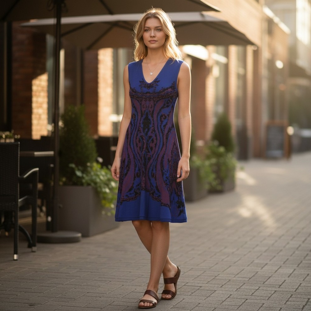 Tracy Reese Knit Dress Paisley V-Neck Fit & Flare Boho Chic Mod Work Holidays